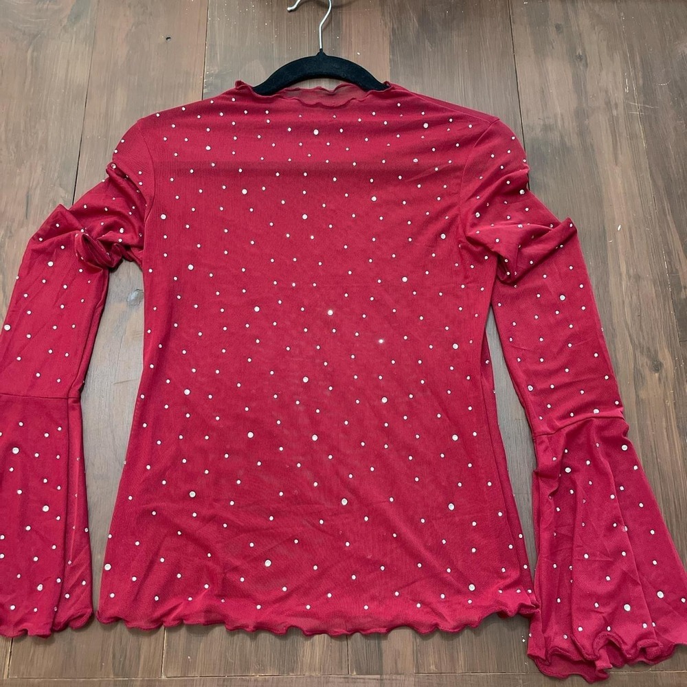 Red Sheer Mesh Rhinestone Mock Neck Top Bell Sleeve Lettuce Edge Glam